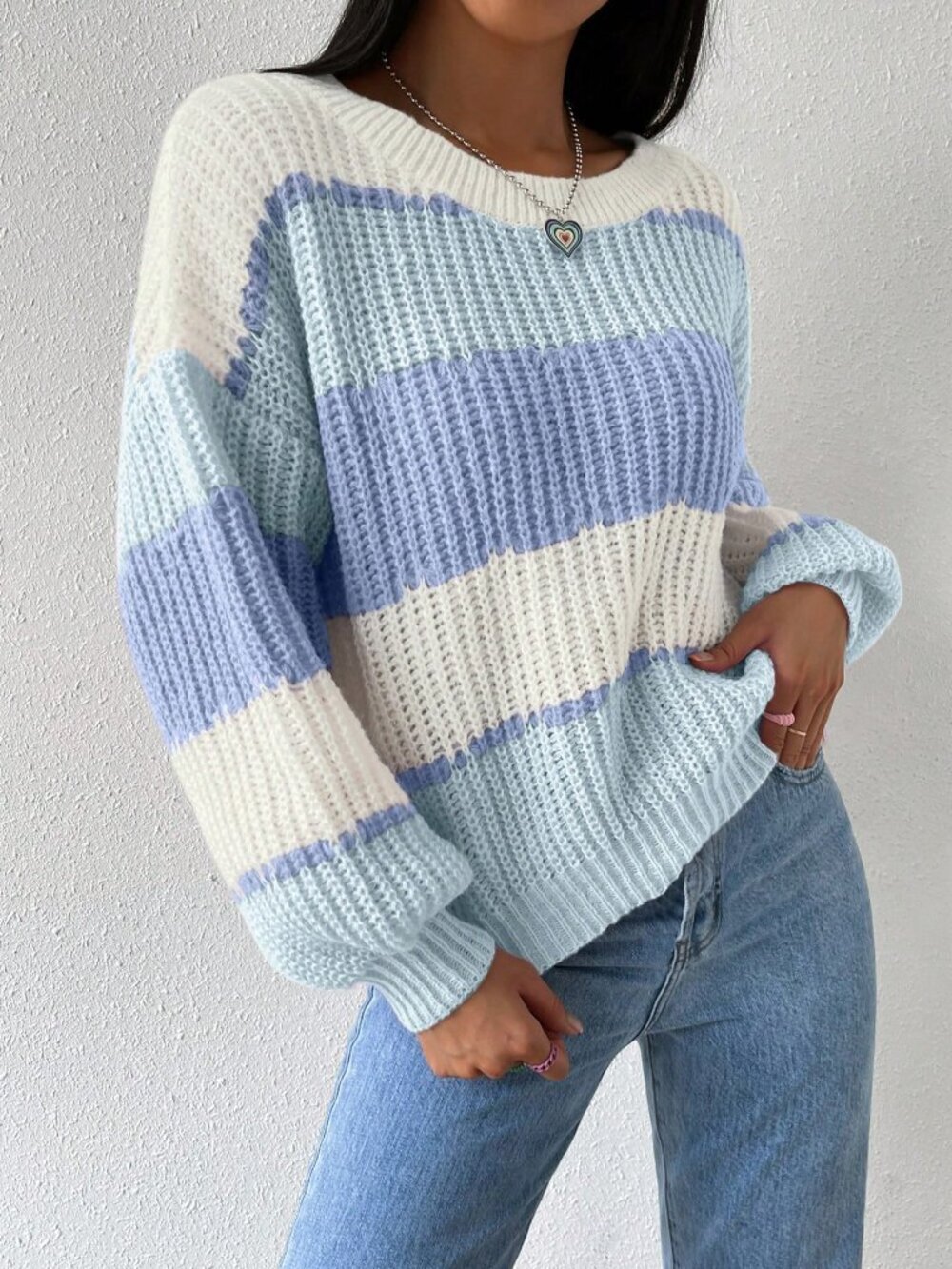 Women's Colorblock Rib-Knit Drop Shoulder Sweater - Picture 3 of 9